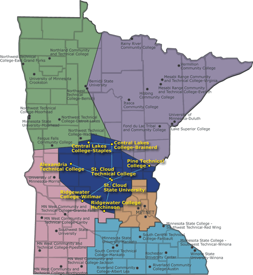 Map of the state of Minnesota showing the 6 Distence Learning Networks and the location of sites throughout the state.